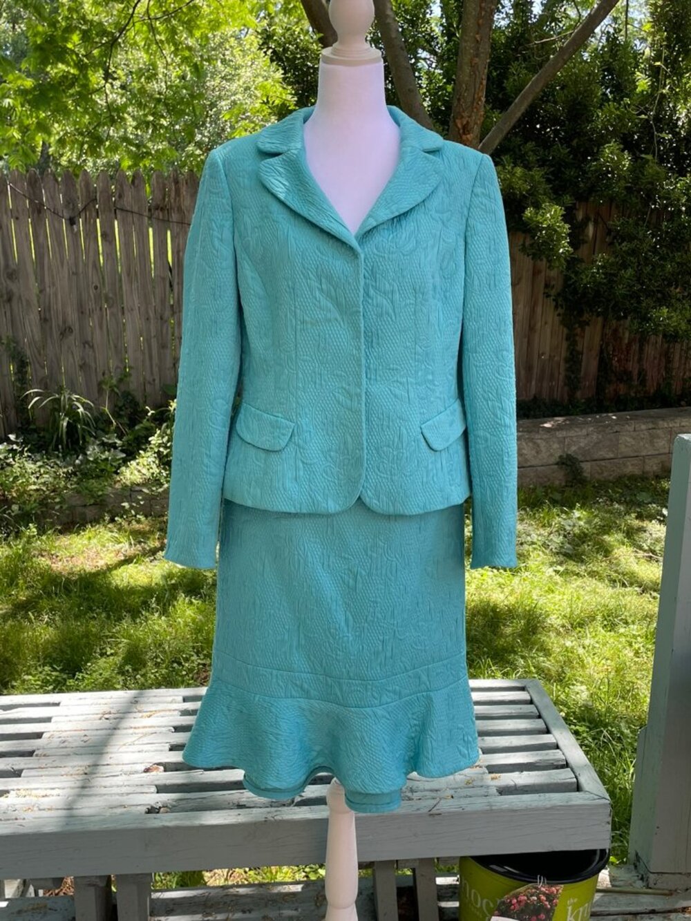 Nipon Boutique Turquoise Blue Textured Suit w Skirt